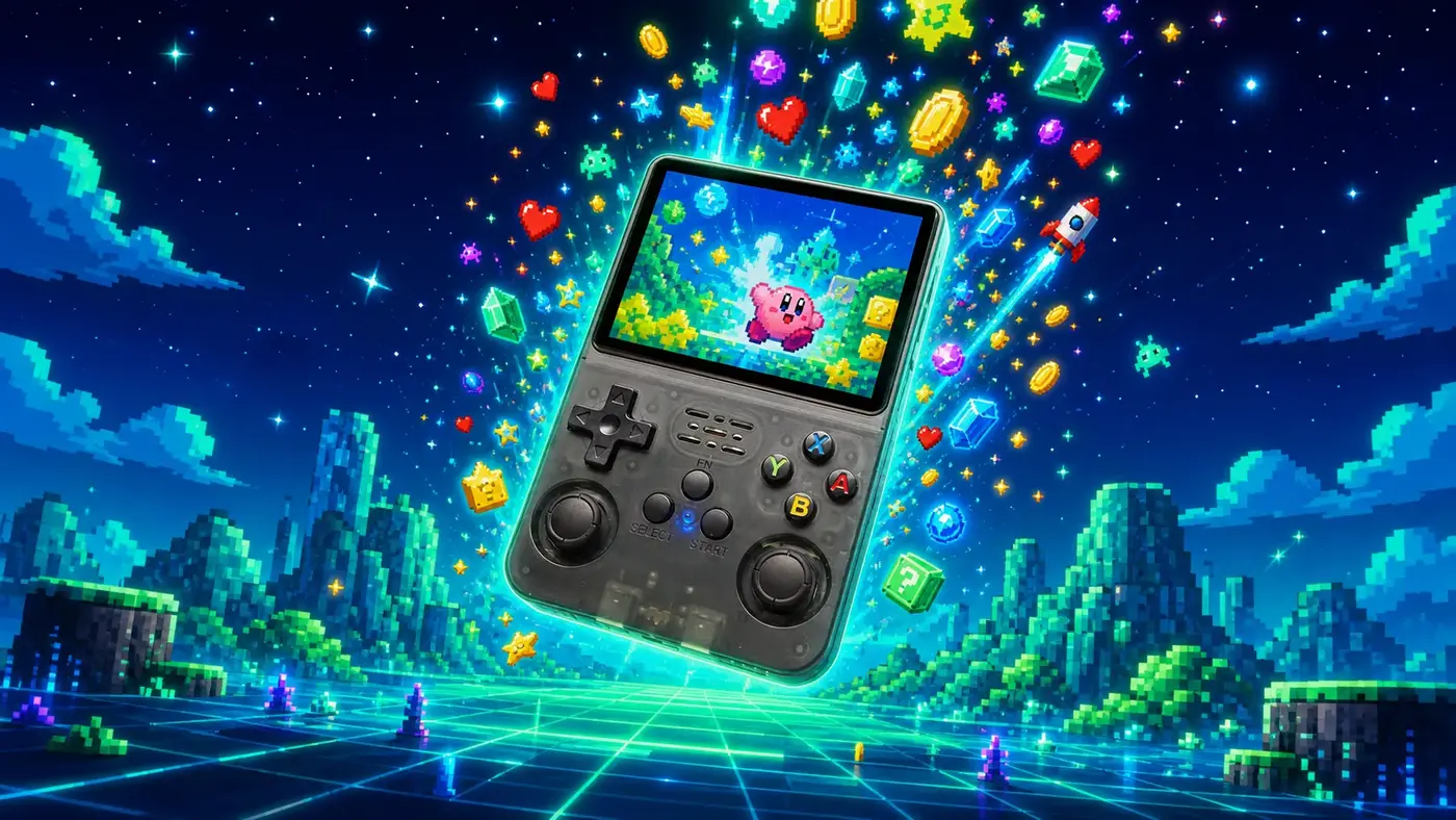 R36S retro handheld console met 20.000+ games die uit het scherm spatten