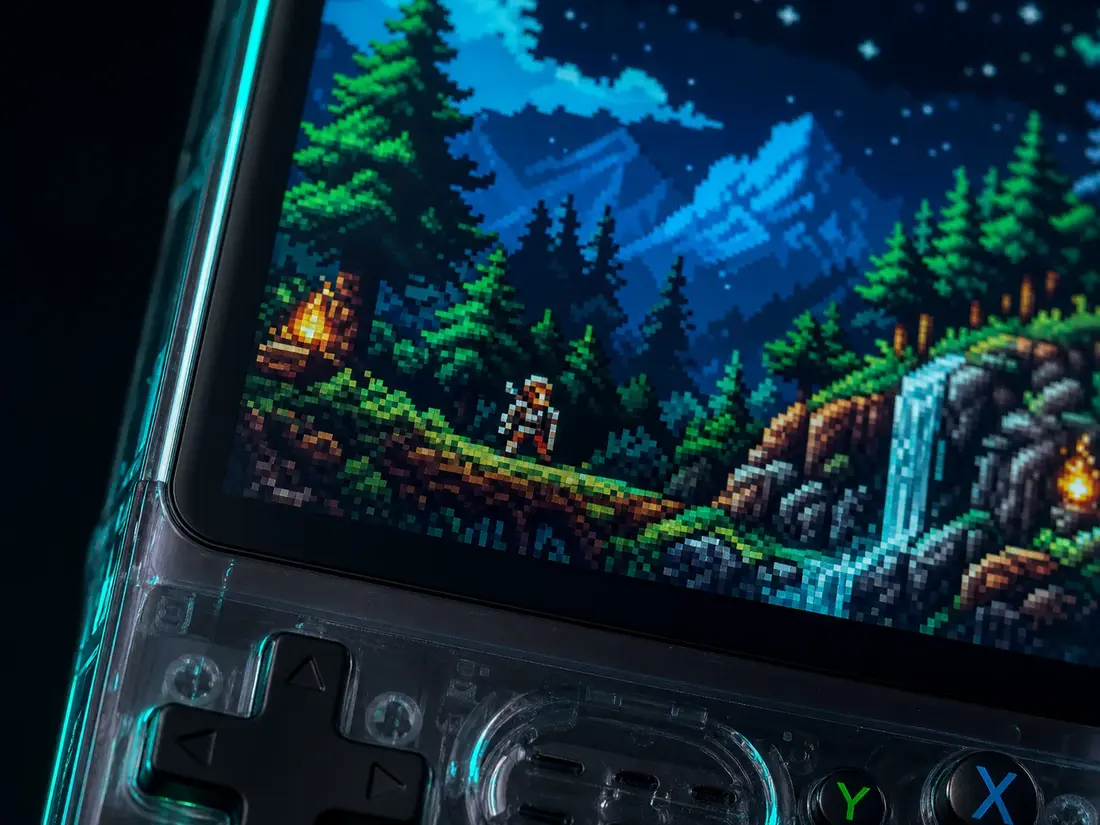 Kraakhelder 3,5 inch IPS-scherm van de R36S met pixel-art